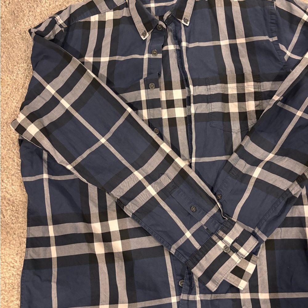 Burberry Blue and White Checkered Button Down Shirt